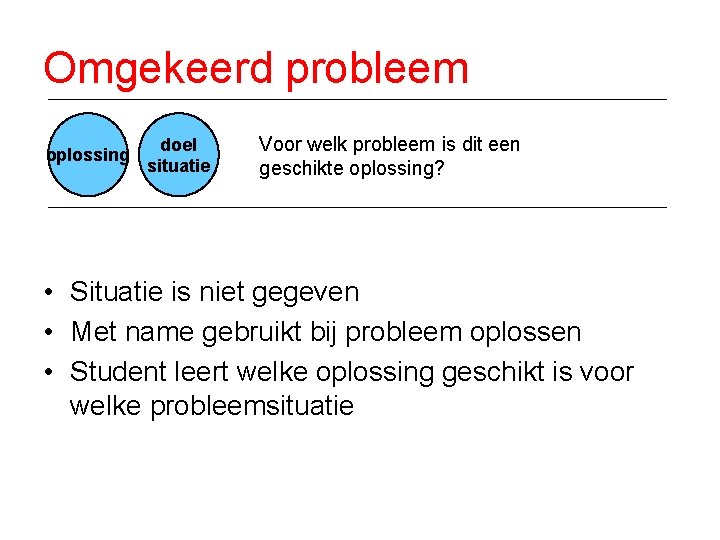 Omgekeerd probleem oplossing doel situatie Voor welk probleem is dit een geschikte oplossing? •