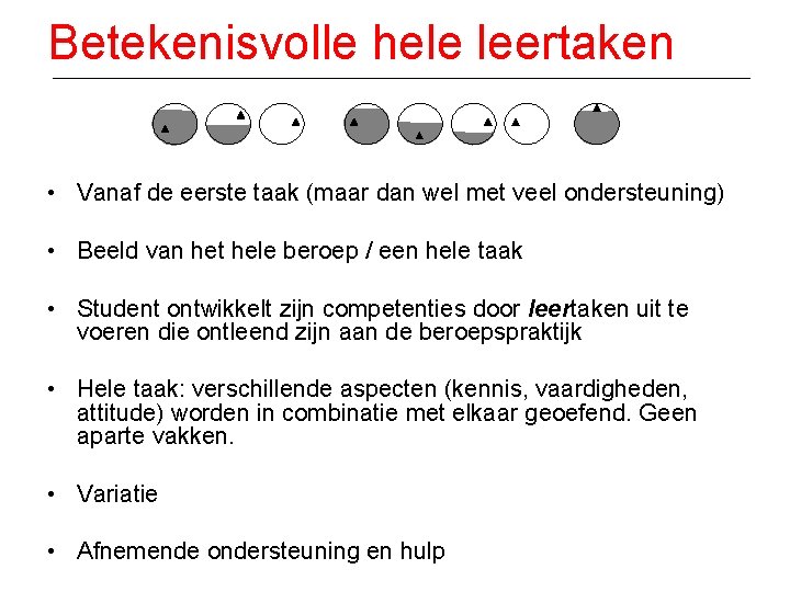 Betekenisvolle hele leertaken • Vanaf de eerste taak (maar dan wel met veel ondersteuning)