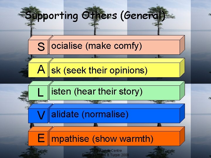 Supporting Others (General) S ocialise (make comfy) A sk (seek their opinions) L isten