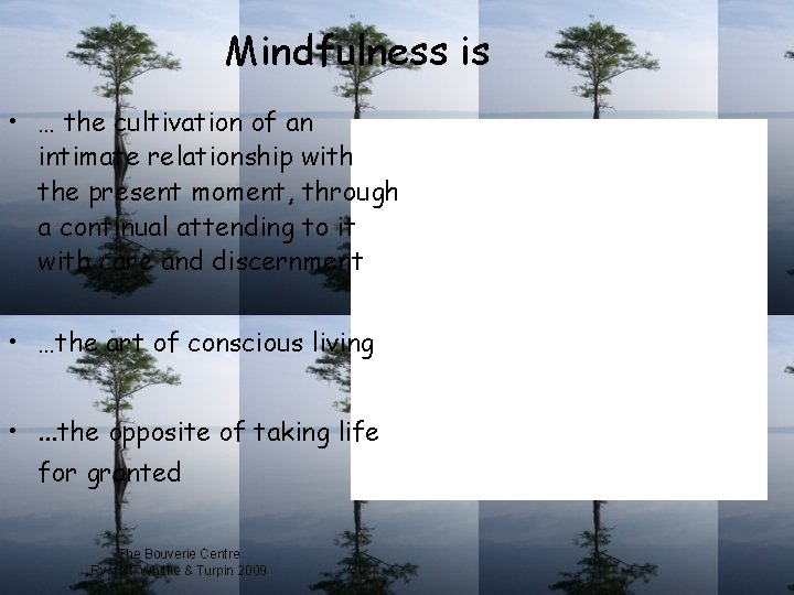 Mindfulness is • … the cultivation of an intimate relationship with the present moment,