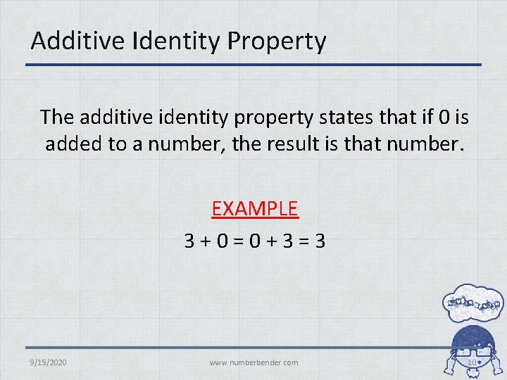 Additive Identity Property The additive identity property states that if 0 is added to