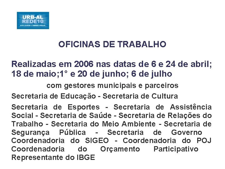 OFICINAS DE TRABALHO Realizadas em 2006 nas datas de 6 e 24 de abril;