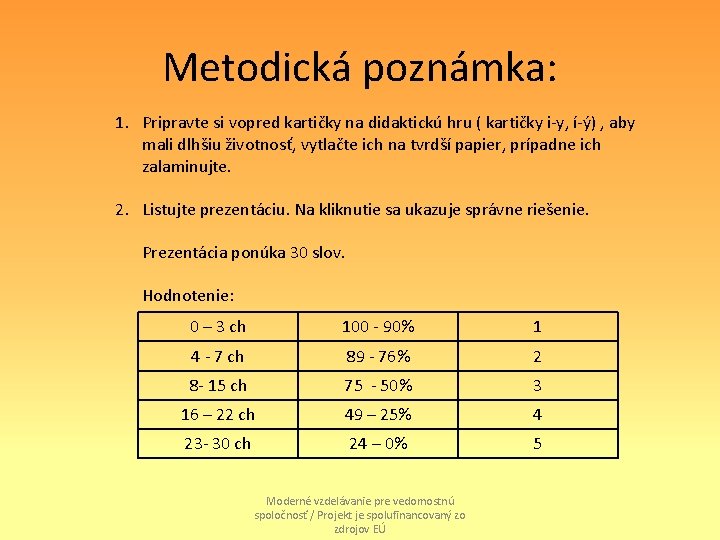 Metodická poznámka: 1. Pripravte si vopred kartičky na didaktickú hru ( kartičky i-y, í-ý)