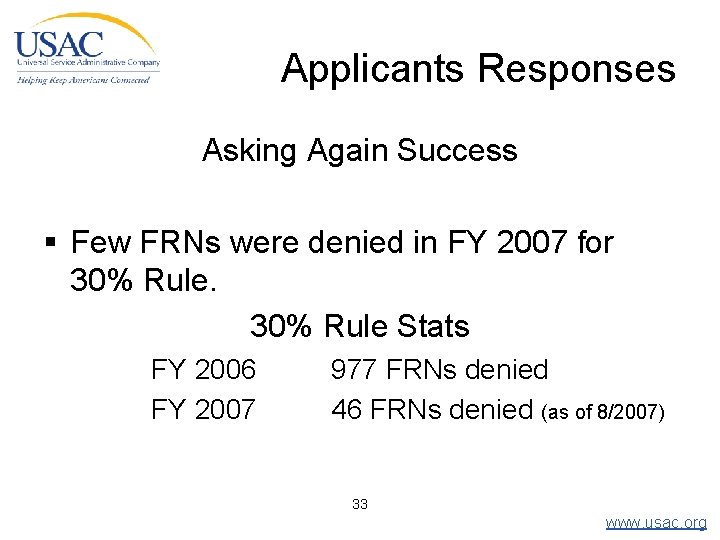 Applicants Responses Asking Again Success § Few FRNs were denied in FY 2007 for