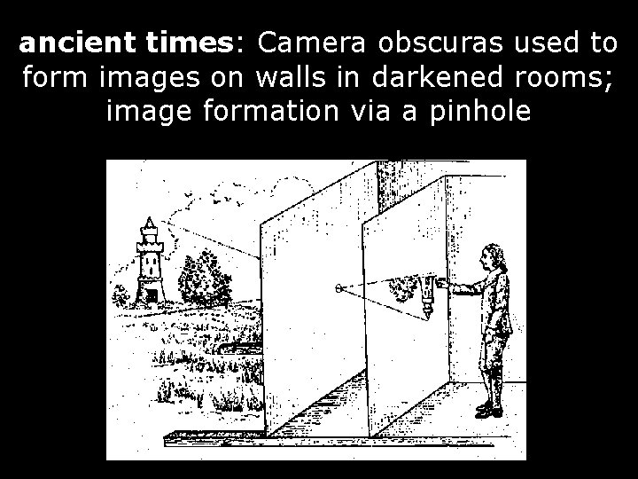 ancient times: Camera obscuras used to form images on walls in darkened rooms; image