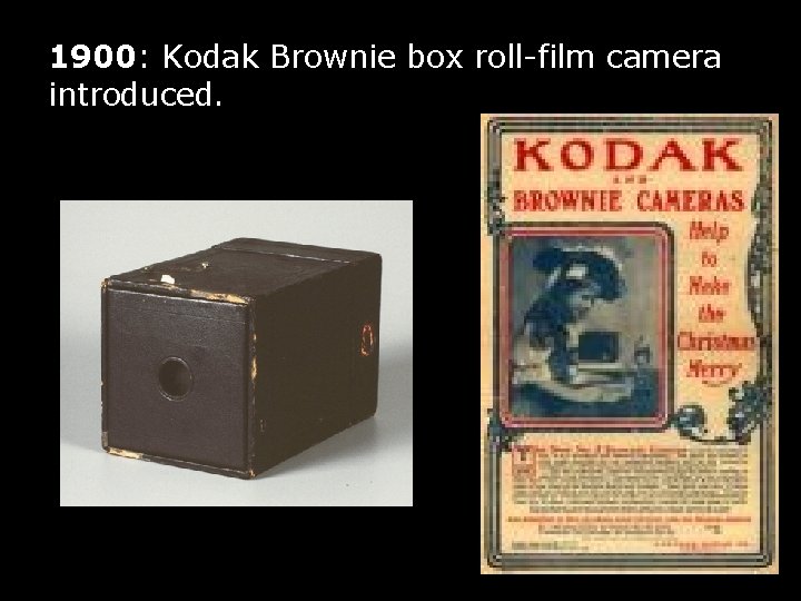 1900: Kodak Brownie box roll-film camera introduced. 