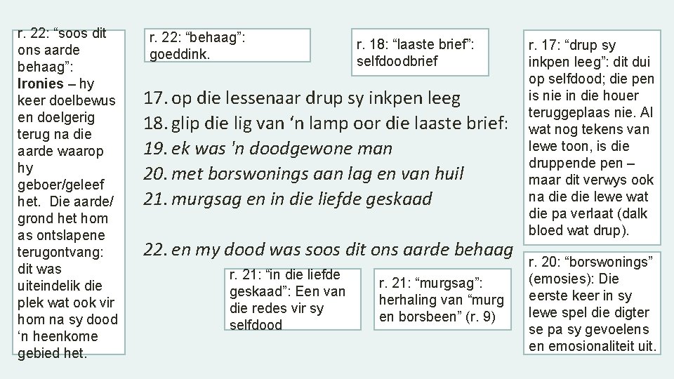 r. 22: “soos dit ons aarde behaag”: Ironies – hy keer doelbewus en doelgerig