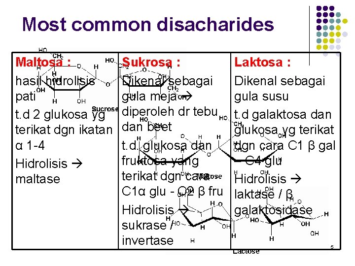 Most common disacharides Maltosa : hasil hidrolisis pati t. d 2 glukosa yg terikat