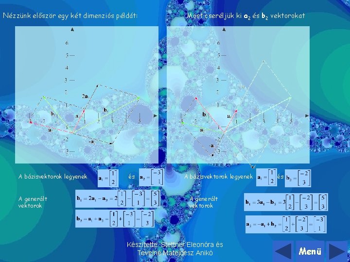 Nézzünk először egy két dimenziós példát: A bázisvektorok legyenek A generált vektorok és Most