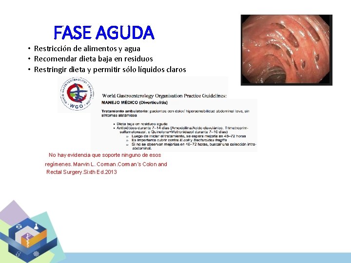 FASE AGUDA • Restricción de alimentos y agua • Recomendar dieta baja en residuos