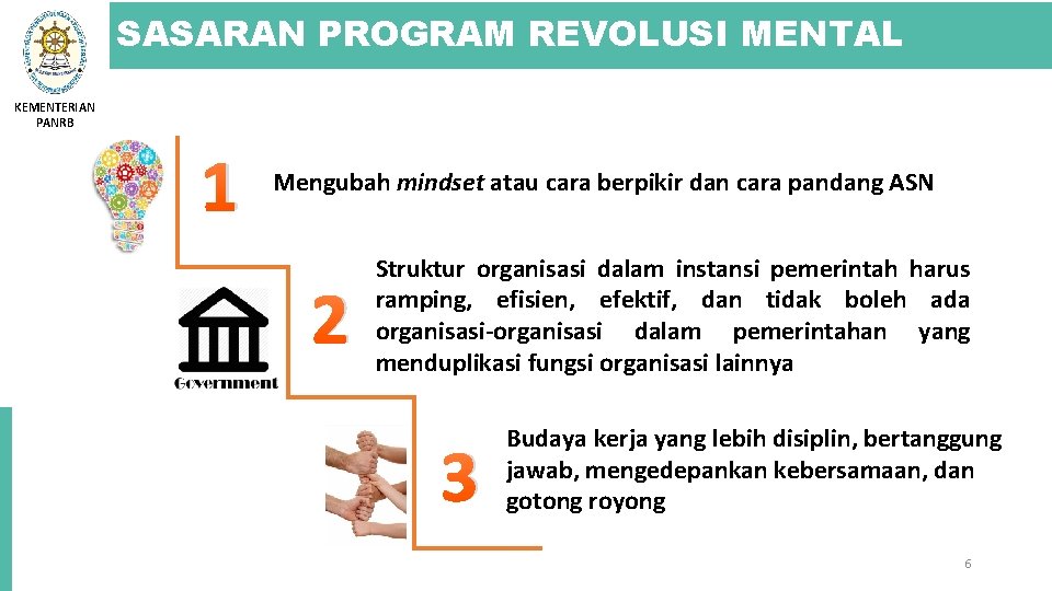 SASARAN PROGRAM REVOLUSI MENTAL KEMENTERIAN PANRB 1 Mengubah mindset atau cara berpikir dan cara