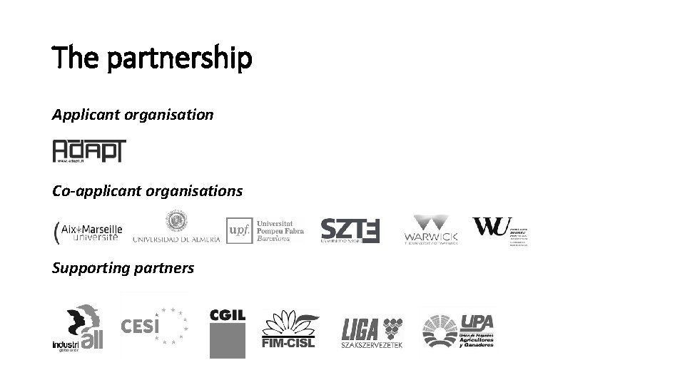 The partnership Applicant organisation Co-applicant organisations Supporting partners 