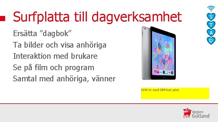 Surfplatta till dagverksamhet Ersätta ”dagbok” Ta bilder och visa anhöriga Interaktion med brukare Se