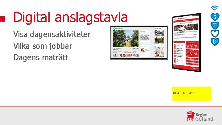 Digital anslagstavla S T A D Visa dagensaktiviteter Vilka som jobbar Dagens maträtt 18