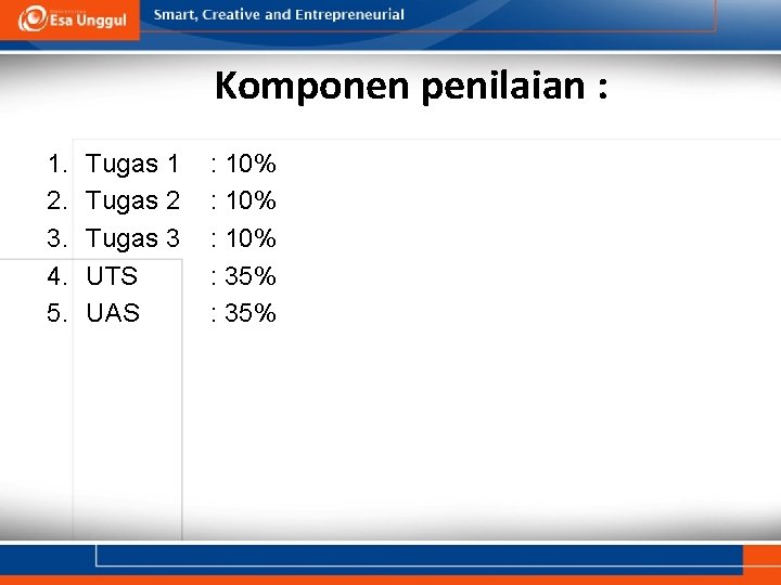 Komponen penilaian : 1. 2. 3. 4. 5. Tugas 1 Tugas 2 Tugas 3