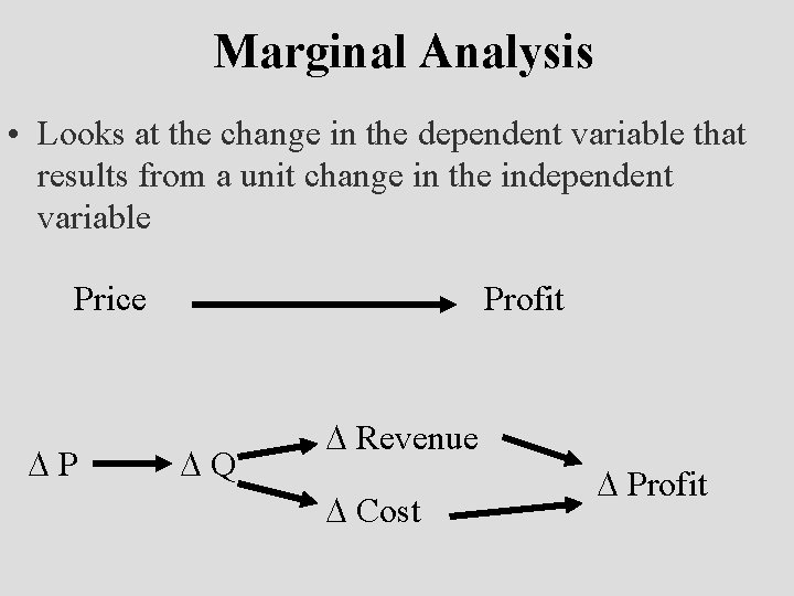 Marginal Analysis • Looks at the change in the dependent variable that results from