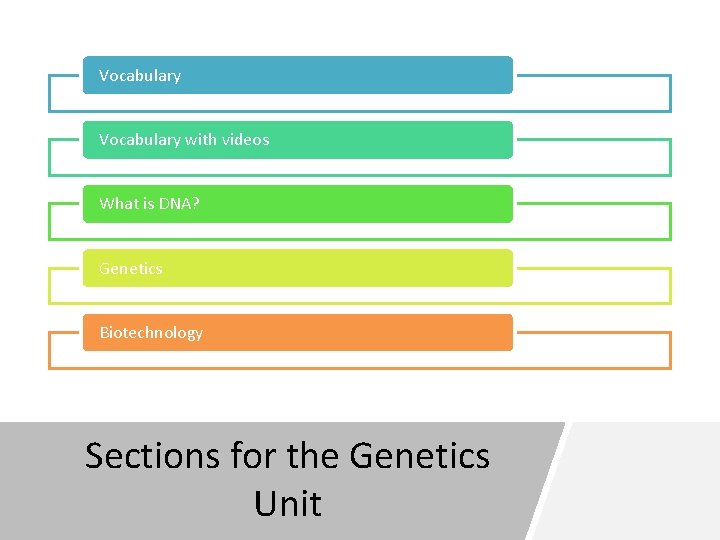Vocabulary with videos What is DNA? Genetics Biotechnology Sections for the Genetics Unit 
