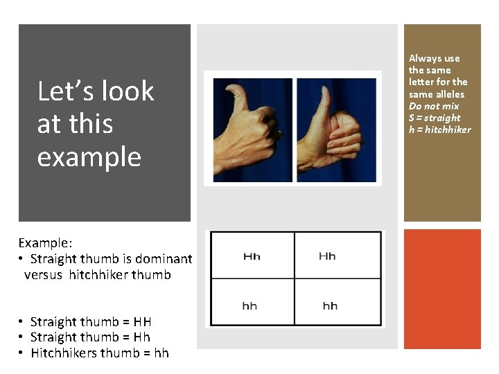Let’s look at this example Example: • Straight thumb is dominant versus hitchhiker thumb