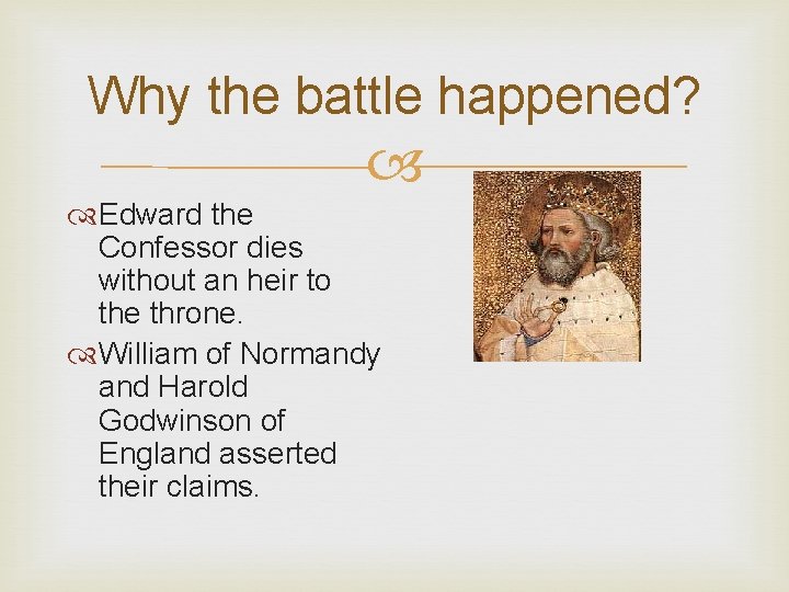 Why the battle happened? Edward the Confessor dies without an heir to the throne.