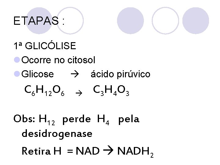 ETAPAS : 1ª GLICÓLISE l Ocorre no citosol l Glicose ácido pirúvico C 6