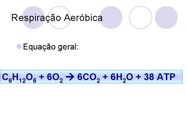 Respiração Aeróbica l Equação geral: C 6 H 12 O 6 + 6 O