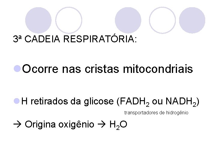 3ª CADEIA RESPIRATÓRIA: l. Ocorre nas cristas mitocondriais l H retirados da glicose (FADH