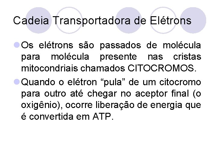 Cadeia Transportadora de Elétrons l Os elétrons são passados de molécula para molécula presente