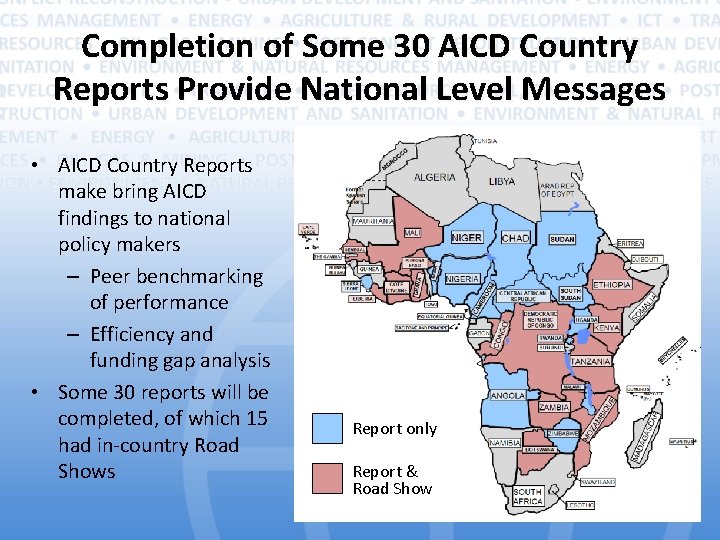 Completion of Some 30 AICD Country Reports Provide National Level Messages • AICD Country