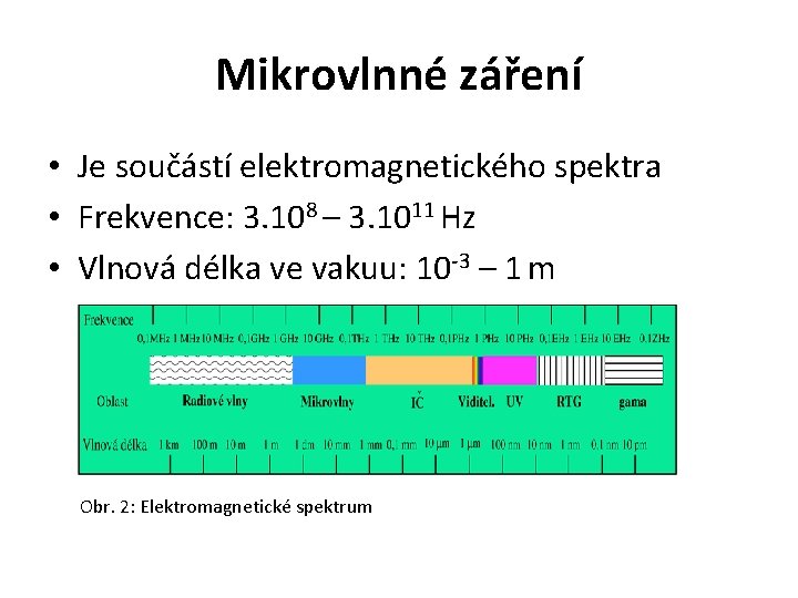 Mikrovlnné záření • Je součástí elektromagnetického spektra • Frekvence: 3. 108 – 3. 1011