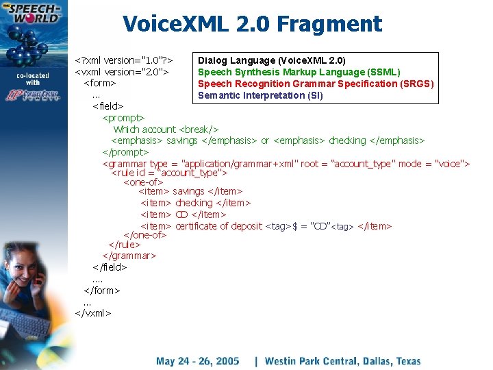 Voice. XML 2. 0 Fragment <? xml version="1. 0"? > Dialog Language (Voice. XML