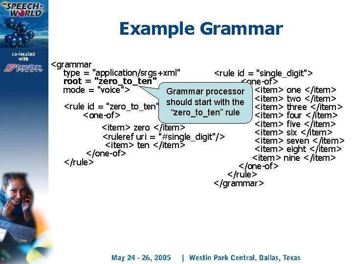 Example Grammar <grammar type = "application/srgs+xml" <rule id = "single_digit"> root = "zero_to_ten" <one-of>