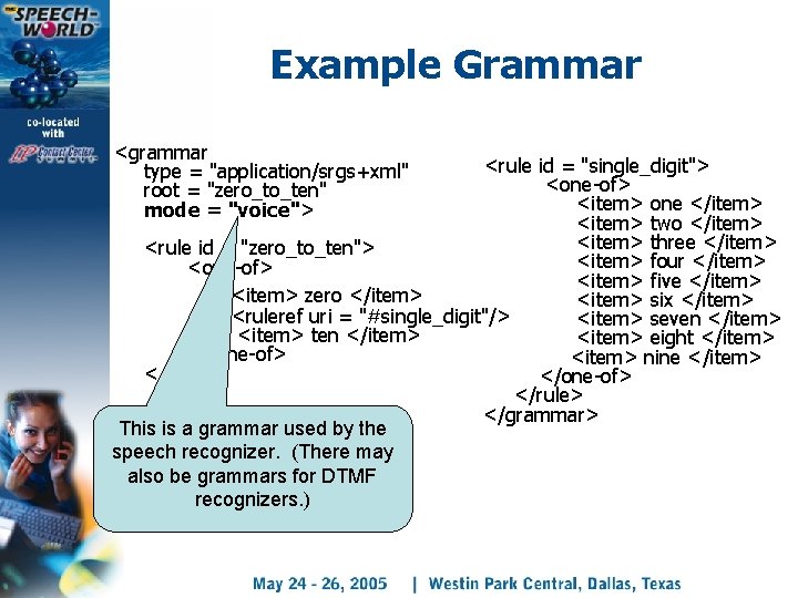 Example Grammar <grammar type = "application/srgs+xml" root = "zero_to_ten" mode = "voice"> <rule id
