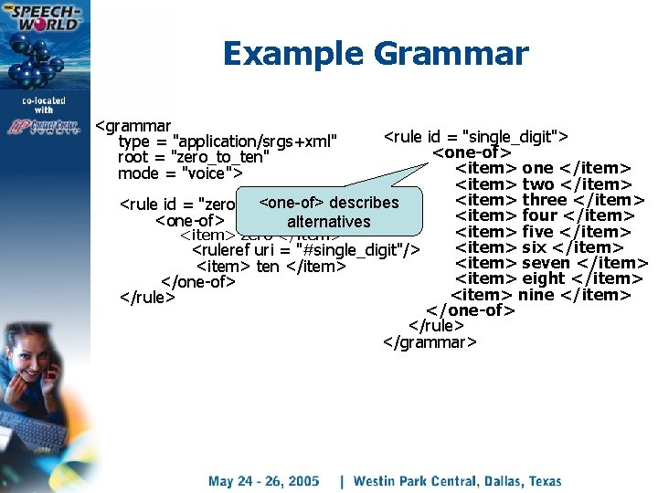 Example Grammar <grammar type = "application/srgs+xml" <rule id = "single_digit"> <one-of> root = "zero_to_ten"