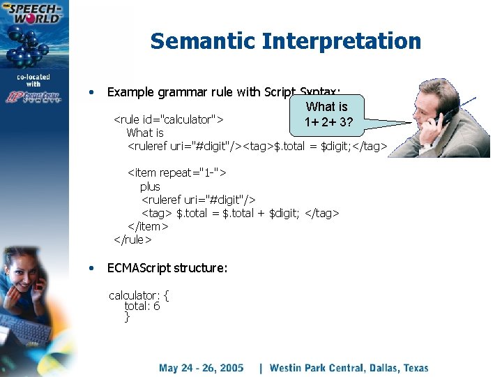Semantic Interpretation • Example grammar rule with Script Syntax: What is <rule id="calculator"> 1+