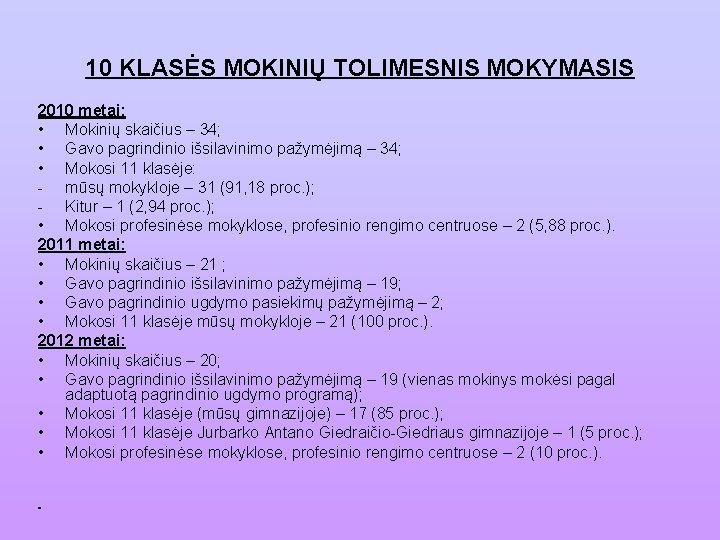 10 KLASĖS MOKINIŲ TOLIMESNIS MOKYMASIS 2010 metai: • Mokinių skaičius – 34; • Gavo