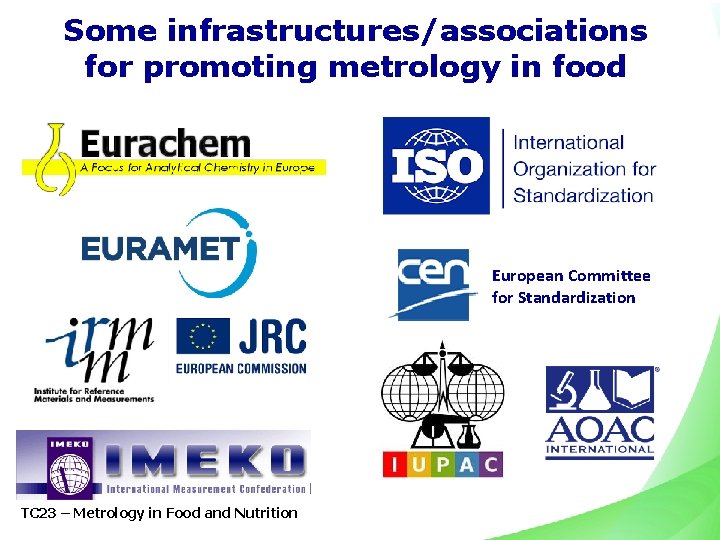 Some infrastructures/associations for promoting metrology in food European Committee for Standardization TC 23 –