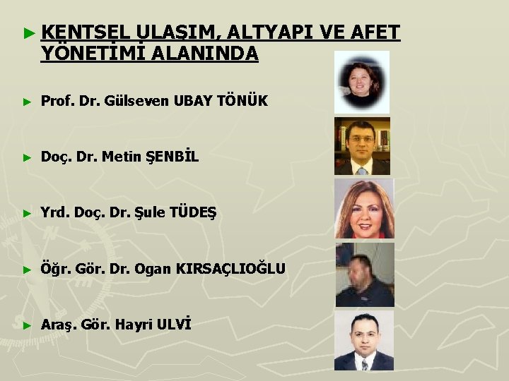 ► KENTSEL ULAŞIM, ALTYAPI VE AFET YÖNETİMİ ALANINDA ► Prof. Dr. Gülseven UBAY TÖNÜK