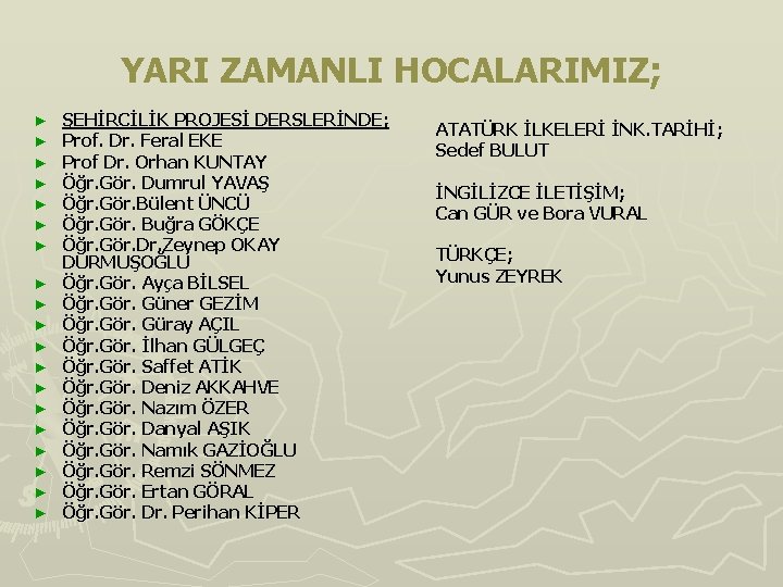 YARI ZAMANLI HOCALARIMIZ; ► ► ► ► ► ŞEHİRCİLİK PROJESİ DERSLERİNDE; Prof. Dr. Feral