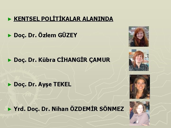 ► KENTSEL POLİTİKALAR ALANINDA ► Doç. Dr. Özlem GÜZEY ► Doç. Dr. Kübra CİHANGİR