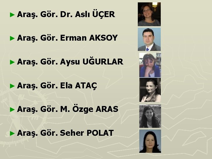 ► Araş. Gör. Dr. Aslı ÜÇER ► Araş. Gör. Erman AKSOY ► Araş. Gör.