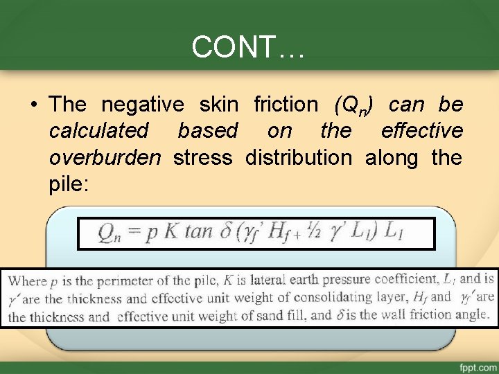 CONT… • The negative skin friction (Qn) can be calculated based on the effective