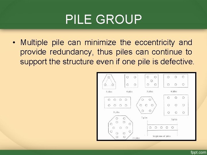 PILE GROUP • Multiple pile can minimize the eccentricity and provide redundancy, thus piles