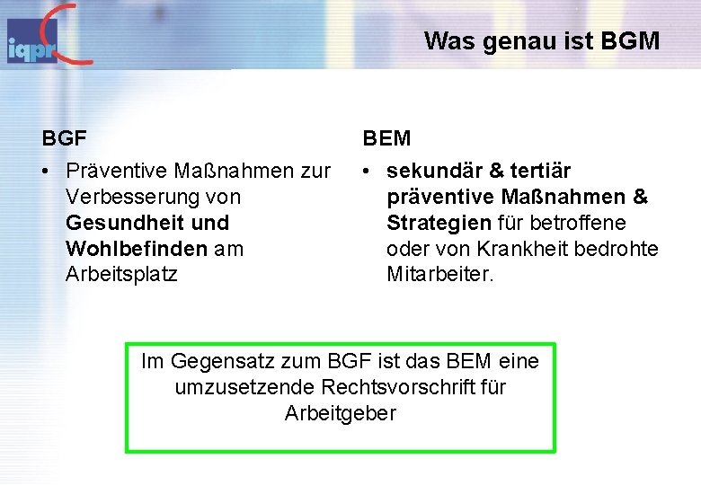 Was genau ist BGM BGF BEM • Präventive Maßnahmen zur Verbesserung von Gesundheit und