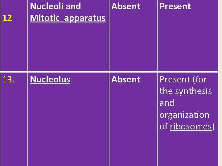 12 Nucleoli and Absent Mitotic apparatus Present 13. Nucleolus Present (for the synthesis and 12 Nucleoli and Absent Mitotic apparatus Present 13. Nucleolus Present (for the synthesis and