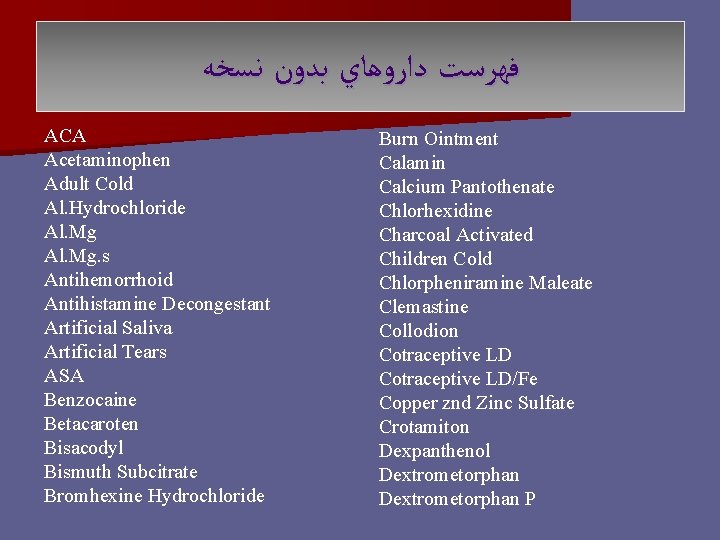  ﻓﻬﺮﺳﺖ ﺩﺍﺭﻭﻫﺎﻱ ﺑﺪﻭﻥ ﻧﺴﺨﻪ ACA Acetaminophen Adult Cold Al. Hydrochloride Al. Mg. s