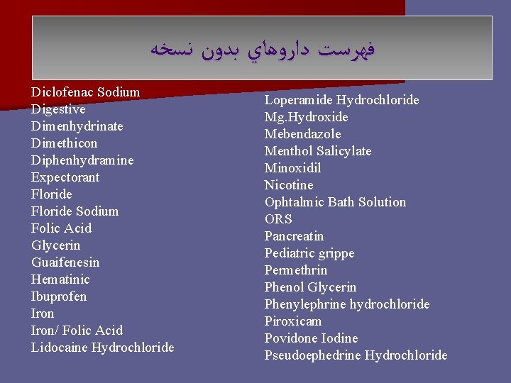  ﻓﻬﺮﺳﺖ ﺩﺍﺭﻭﻫﺎﻱ ﺑﺪﻭﻥ ﻧﺴﺨﻪ Diclofenac Sodium Digestive Dimenhydrinate Dimethicon Diphenhydramine Expectorant Floride Sodium