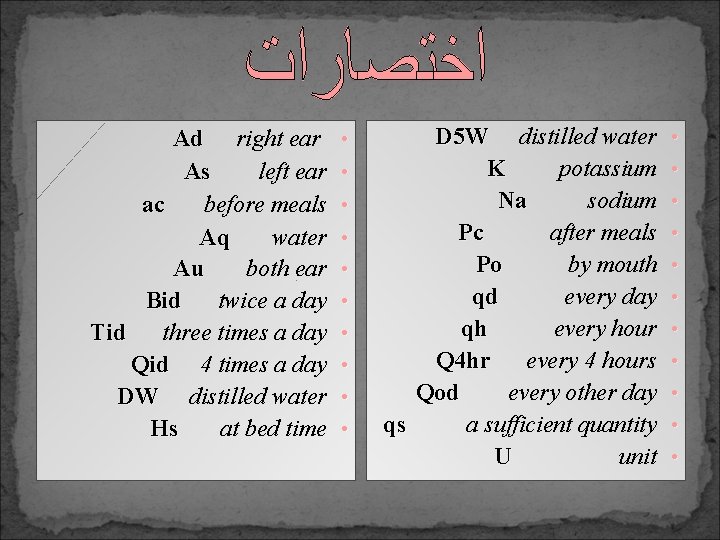 Ad right ear As left ear ac before meals Aq water Au both ear