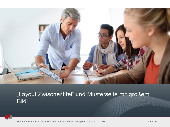 „Layout Zwischentitel“ und Musterseite mit großem Bild Präsentationsname // Duale Hochschule Baden-Württemberg Mosbach //