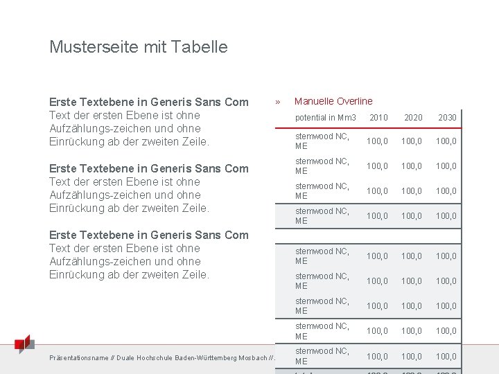 Musterseite mit Tabelle Erste Textebene in Generis Sans Com Text der ersten Ebene ist