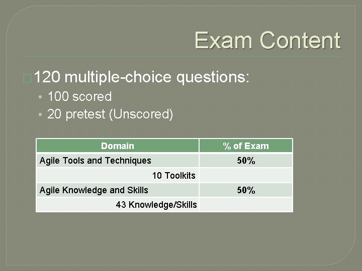 Exam Content � 120 multiple-choice questions: • 100 scored • 20 pretest (Unscored) Domain